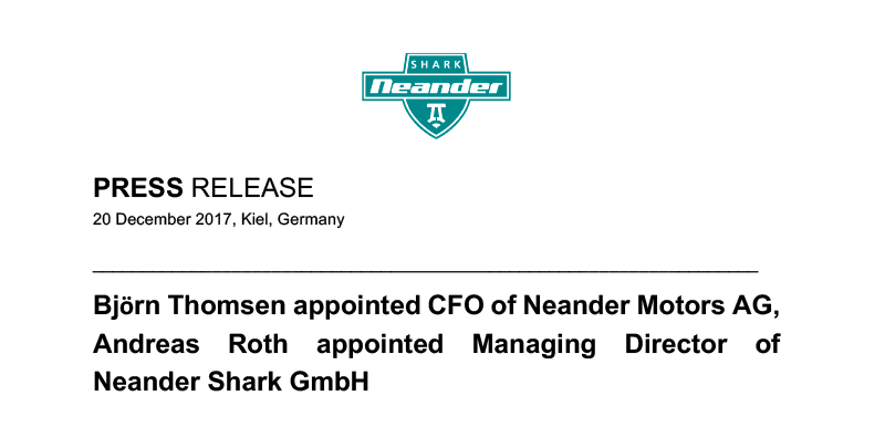 Björn Thomsen appointed CFO of Neander Motors AG, Andreas Roth appointed Managing Director of Neander Shark GmbH